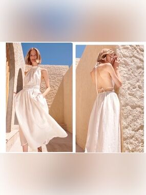 Piece Of White Guiliana Ooen Back Halter Linen Midi Dress Size M